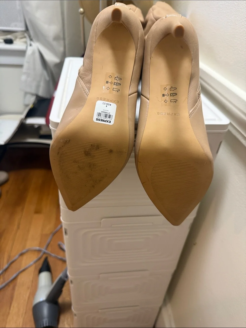 Express Tall Over-the-Knee Boots with Gold Chain Accent in Beige